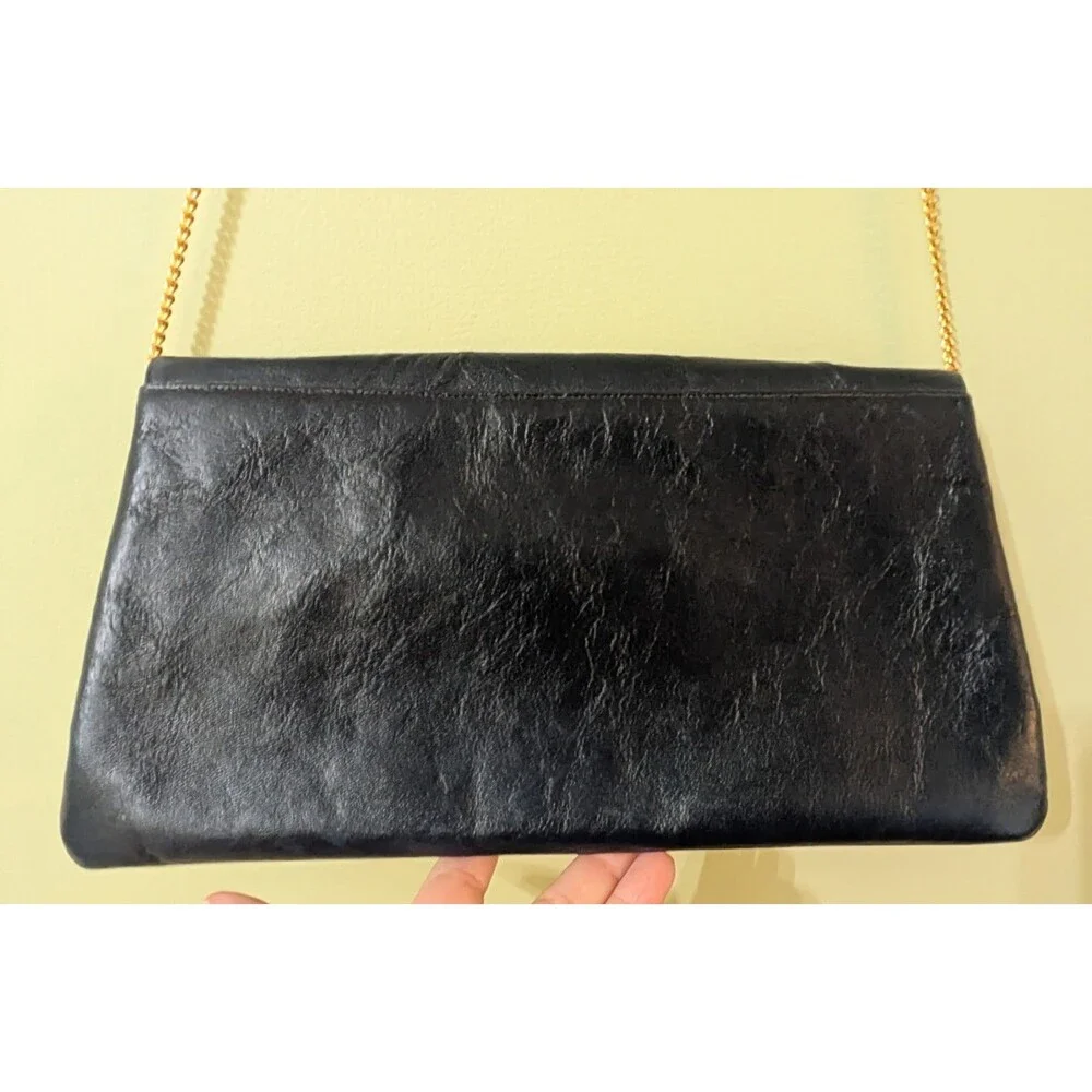 Vintage Susan Gail Dark Navy Leather Clutch W Gold Chain, MCM, Retro